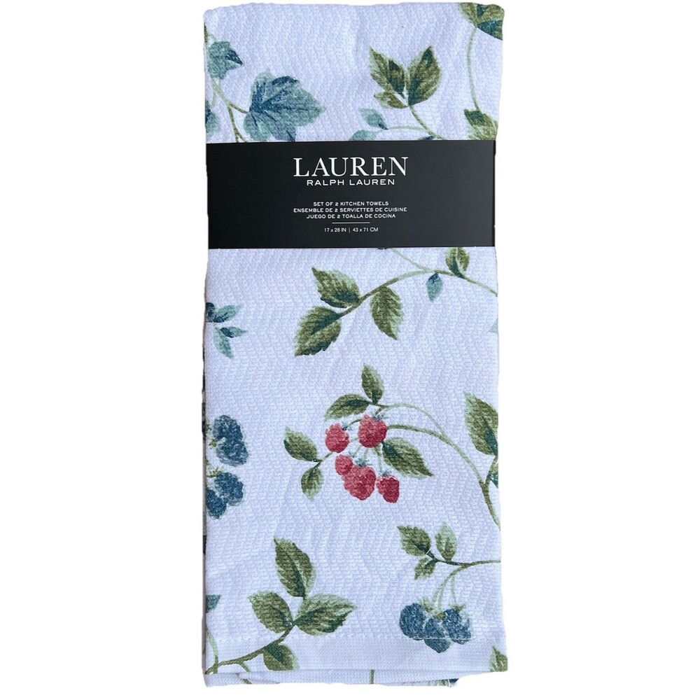 New LAUREN Ralph Lauren Kitchen Towels 2 PC  Cotton Raspberry Blackberry Fruits